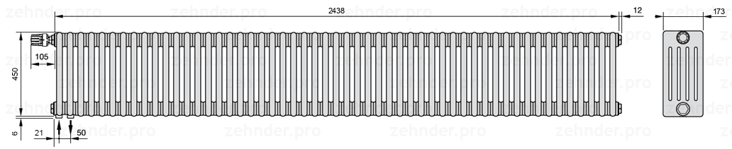 Схема (чертеж) Радиатор Zehnder Charleston 5045/53 №V001 Белый глянцевый RAL 9016
